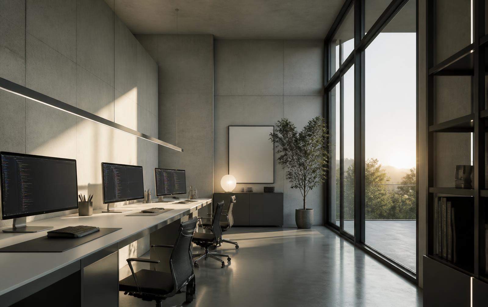 Minimalist technology workspace at dawn with monitors displaying source code