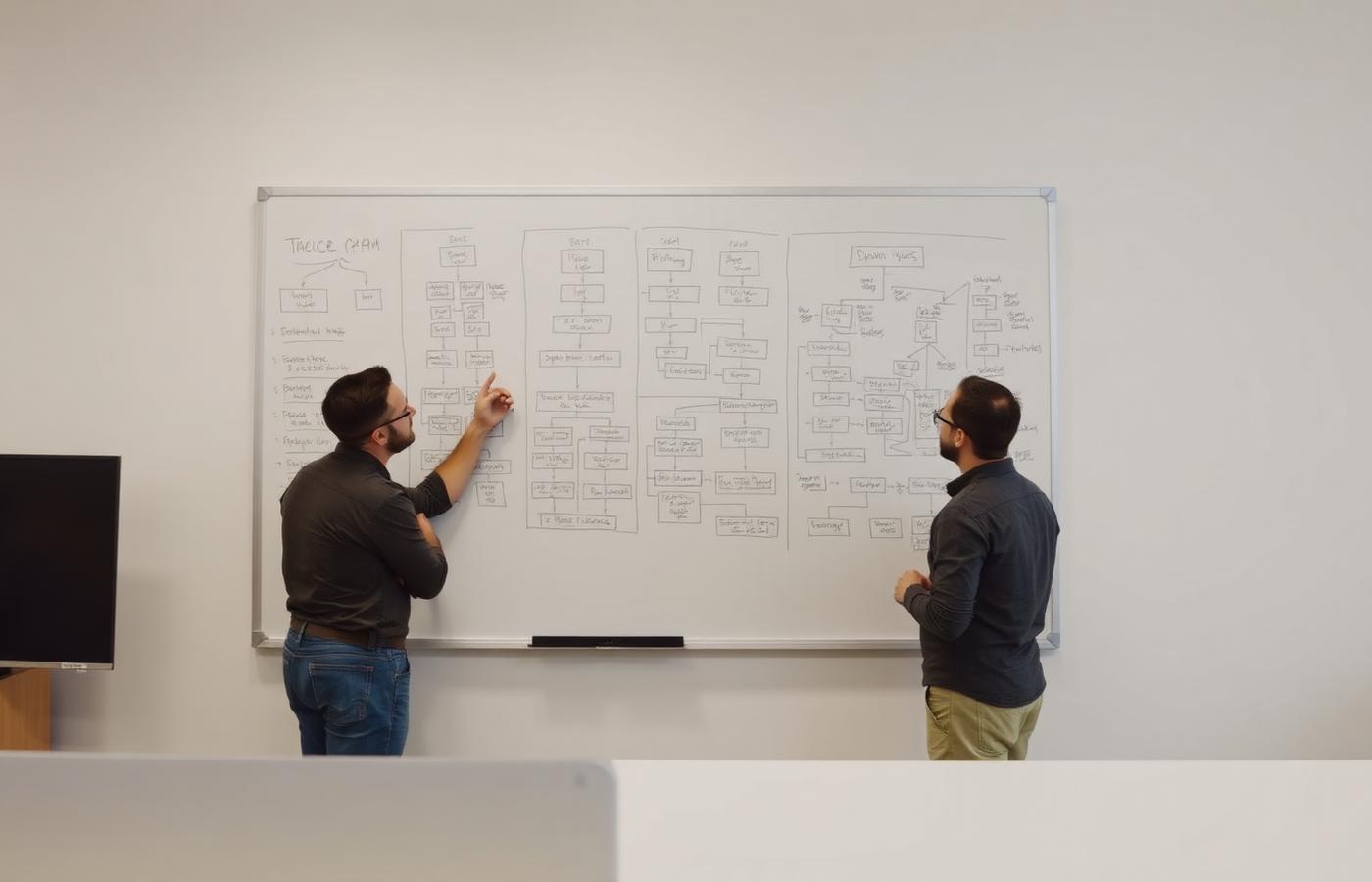 Colleagues discussing an application architecture diagram on a whiteboard